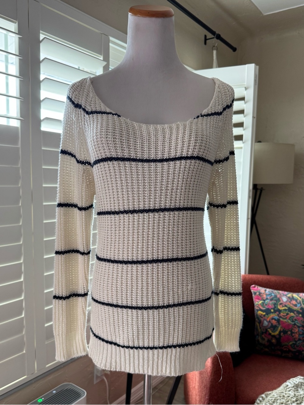 Tobi Cream Scoop Neck Sweater with Navy Stripes